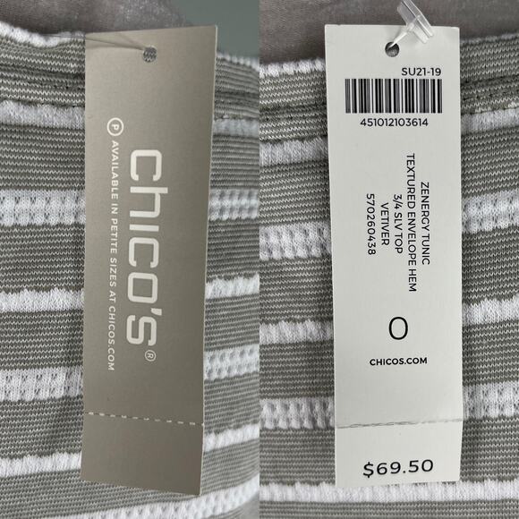 Chico's Zenergy Textured Top S 4-6 Gray White Stripe 0 Envelope Hem New - Picture 8 of 14